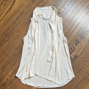 Trina Turk Silk Cream Sleeveless Scarf-Neck Blouse w/ Crystal Accent! NWT! 🤍